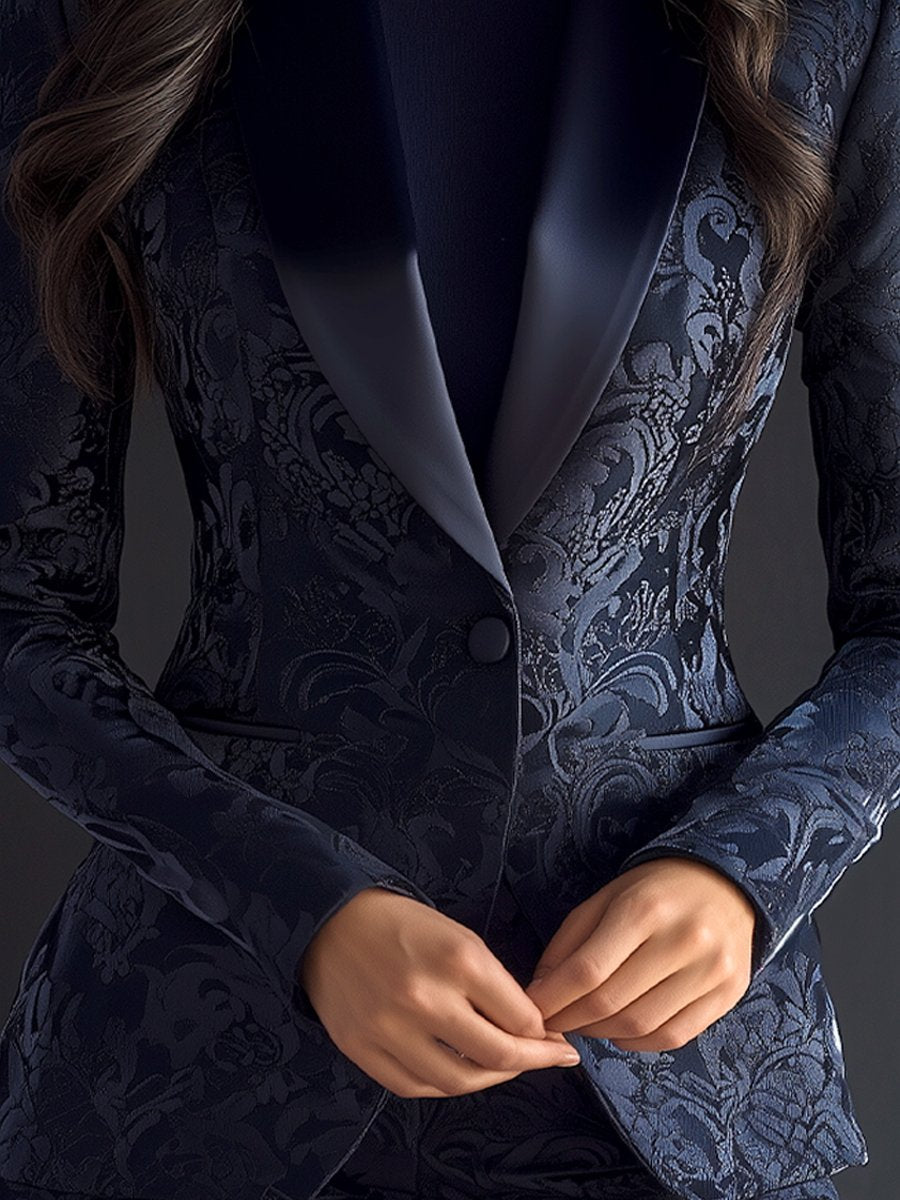 Dark Navy Jacquard Blazer with Sleek Satin Lapel Dark Navy Jacquard Blazer with Sleek Satin Lapel