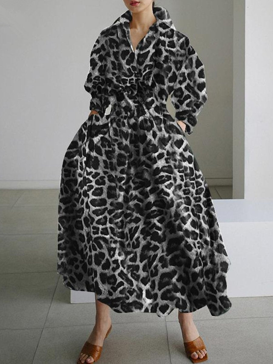 Casual Leopard Cotton And Linen Elastic Waist Dress Casual Leopard Cotton And Linen Elastic Waist Dress