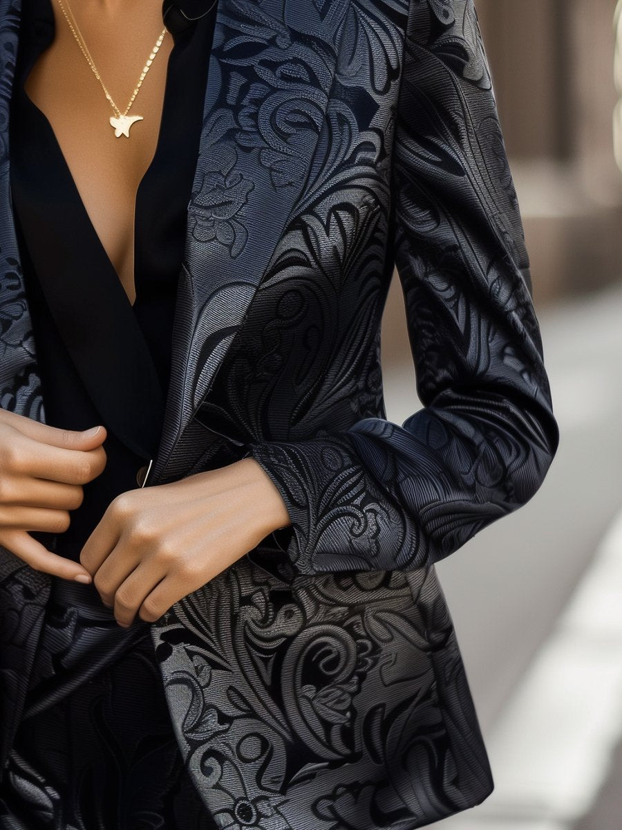 Sophisticated Black Jacquard Blazer with Floral Motifs Sophisticated Black Jacquard Blazer with Floral Motifs