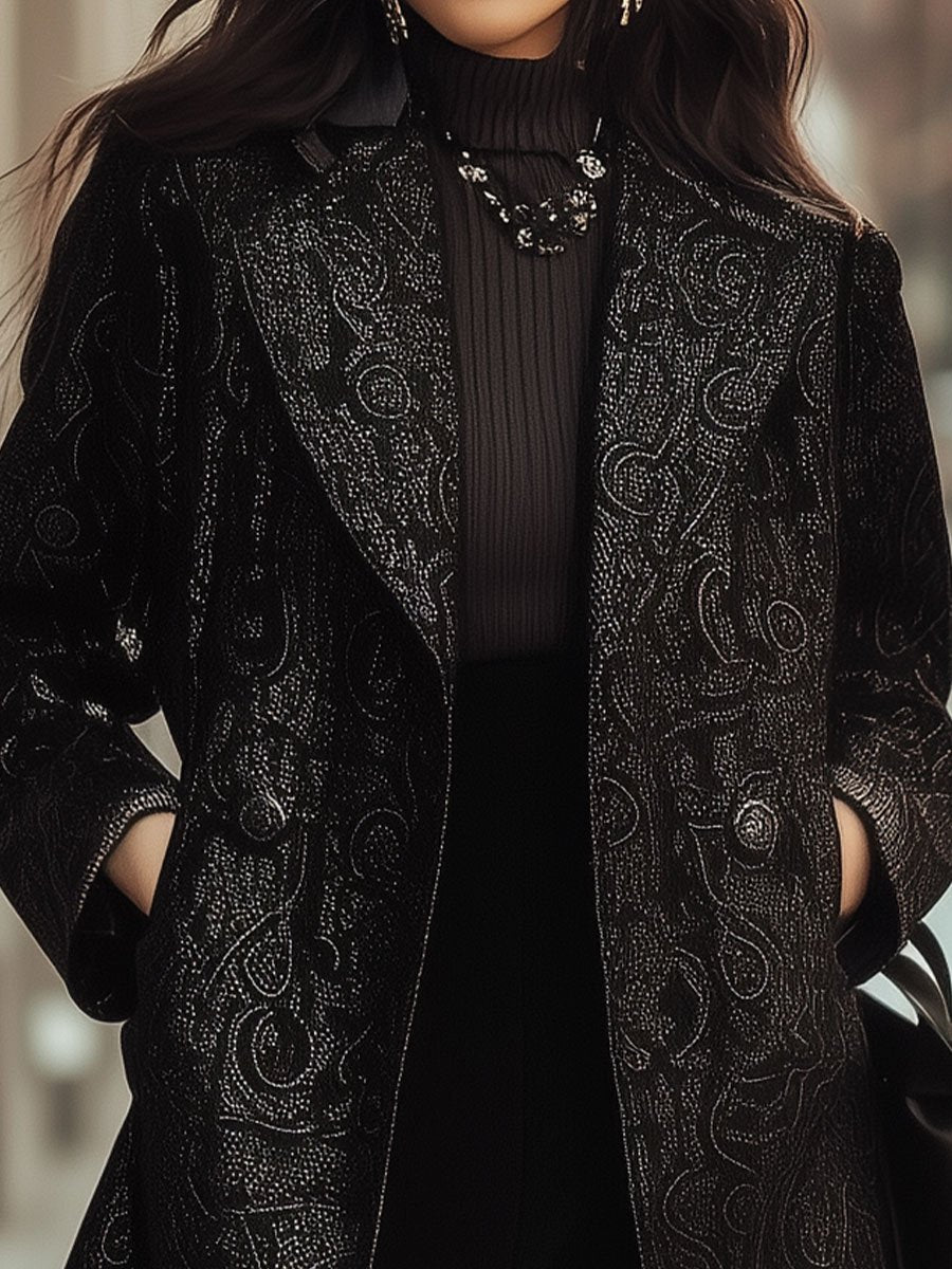 Elegant Black Textured Blazer with Subtle Paisley Motifs Elegant Black Textured Blazer with Subtle Paisley Motifs