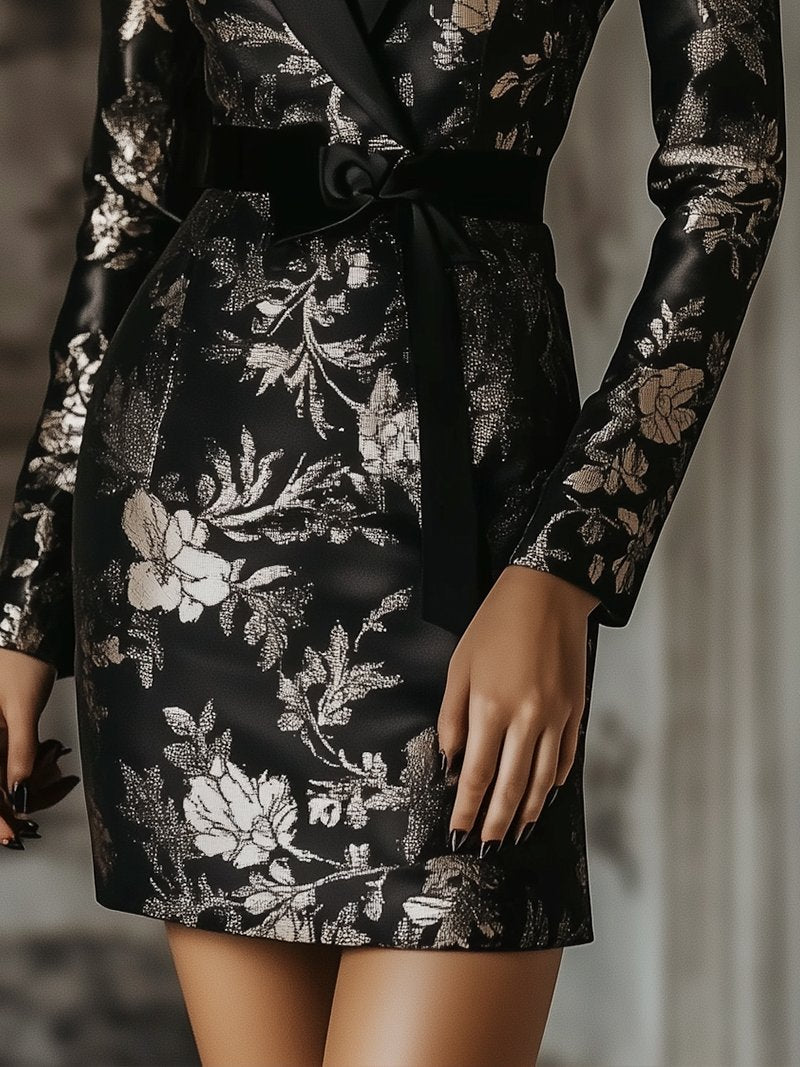 Glamorous Black Floral Jacquard Mini Dress with Satin Details Glamorous Black Floral Jacquard Mini Dress with Satin Details