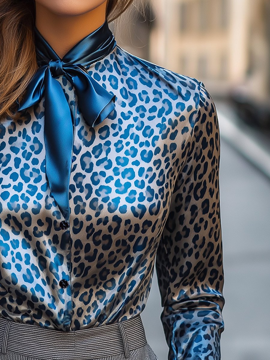 Chic Blue Leopard Satin Blouse with Statement Bow Collar Chic Blue Leopard Satin Blouse with Statement Bow Collar