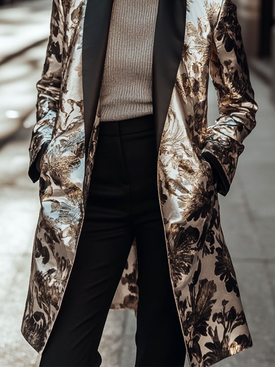 Satin Floral Coat with Statement Lapel Satin Floral Coat with Statement Lapel