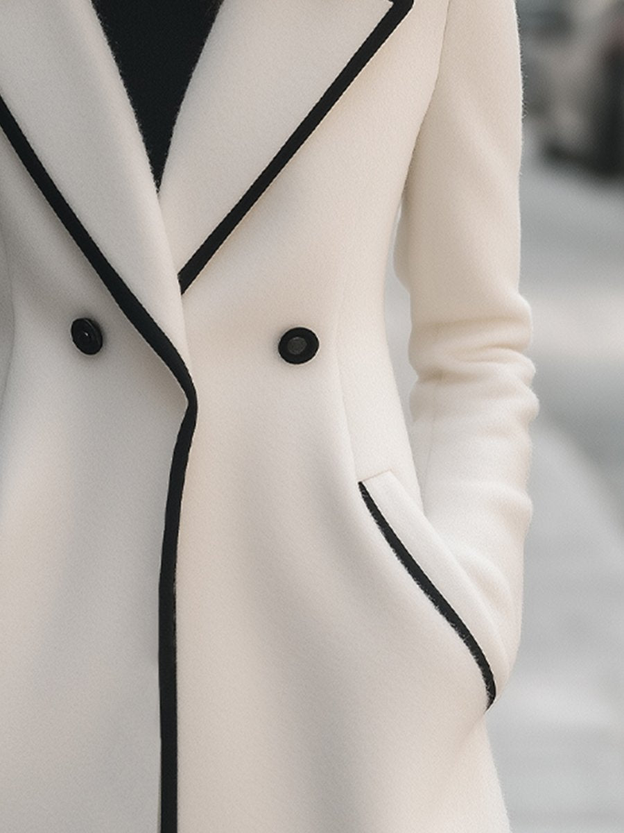 Chic Double-Breasted White Coat with Black Trim Chic Double-Breasted White Coat with Black Trim