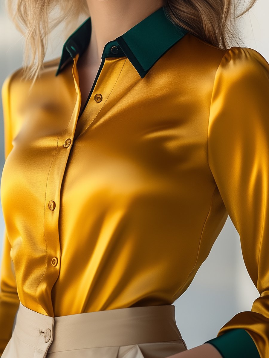 Golden Satin Blouse with Forest Green Contrast Collar Golden Satin Blouse with Forest Green Contrast Collar
