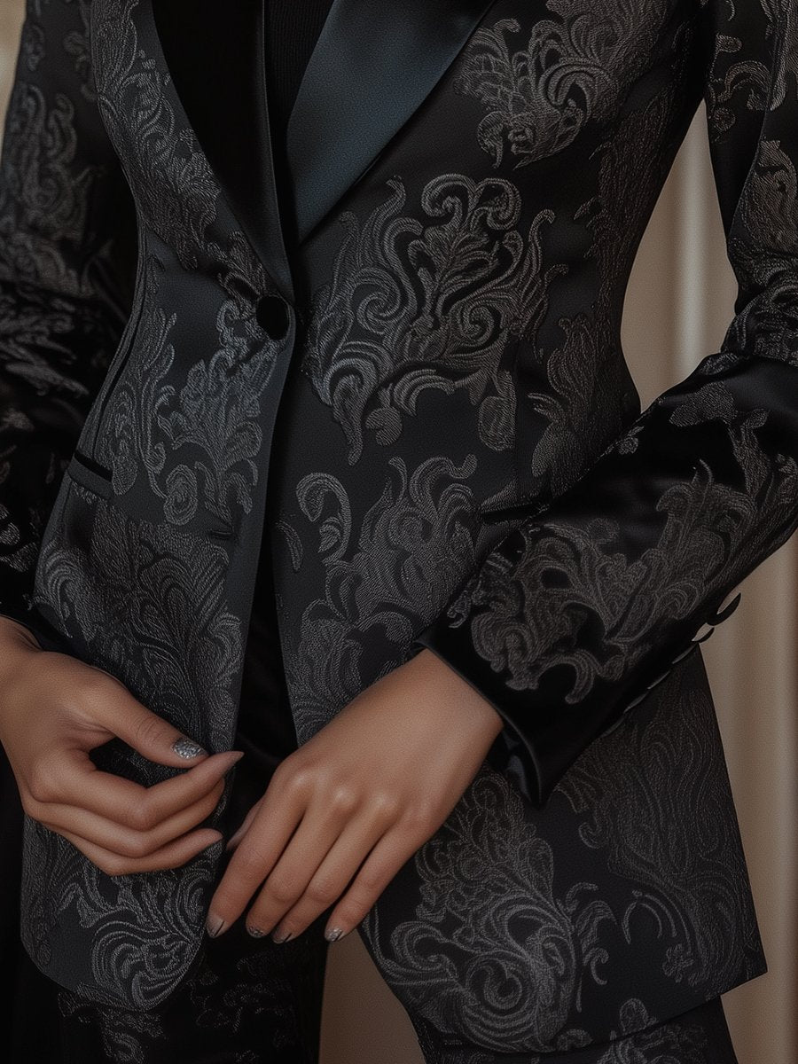 Black Satin Jacquard Blazer with Elegant Baroque Patterns Black Satin Jacquard Blazer with Elegant Baroque Patterns