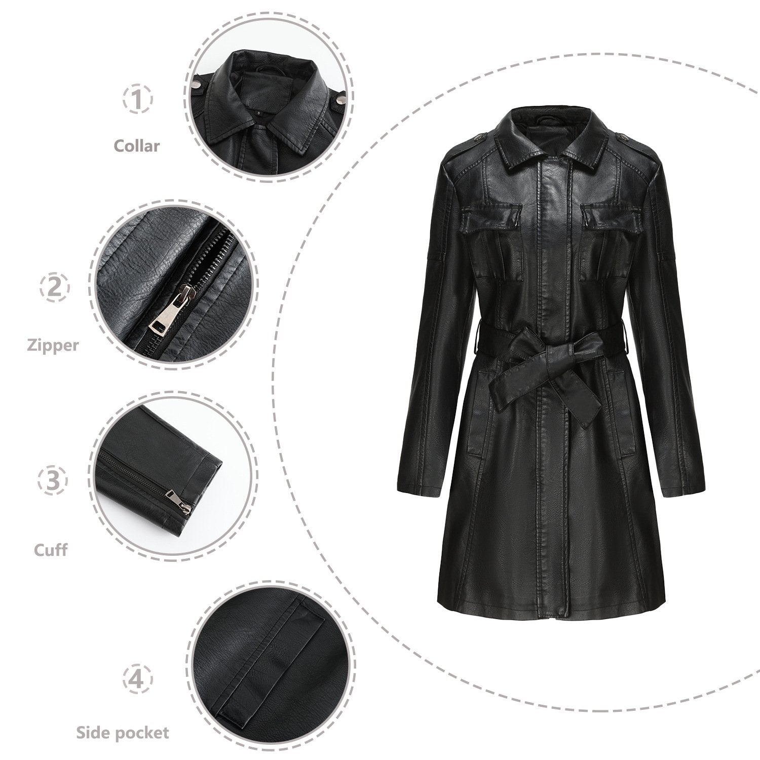 Classic Faux Leather Plain Long-sleeved Trench Coat with Belt Classic Faux Leather Plain Long-sleeved Trench Coat with Belt