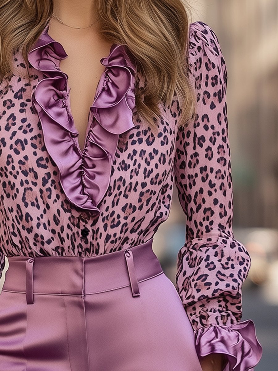 Elegant Pink Leopard Satin Blouse with Ruffled V-Neck Details Elegant Pink Leopard Satin Blouse with Ruffled V-Neck Details