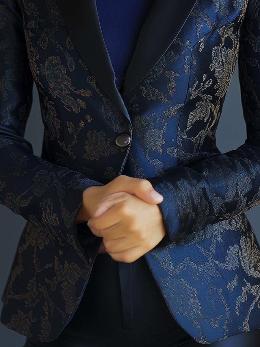 Luxurious Blue Satin Jacquard Blazer with Floral Embellishments Luxurious Blue Satin Jacquard Blazer with Floral Embellishments