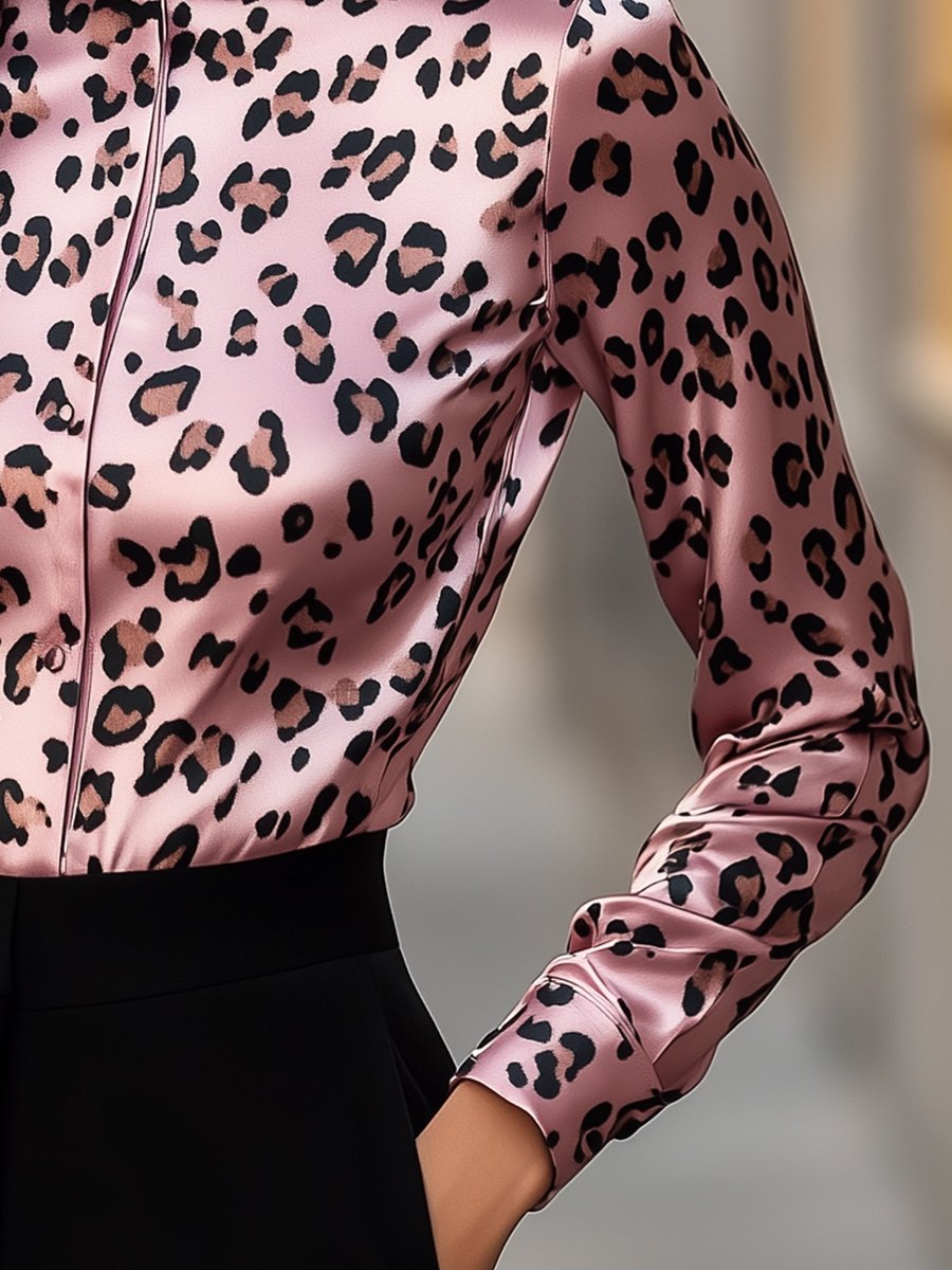 Refined Soft Pink Leopard Satin Blouse with Sleek Collar Refined Soft Pink Leopard Satin Blouse with Sleek Collar