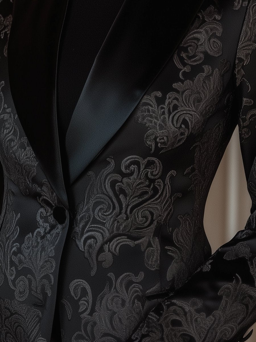 Black Satin Jacquard Blazer with Elegant Baroque Patterns Black Satin Jacquard Blazer with Elegant Baroque Patterns