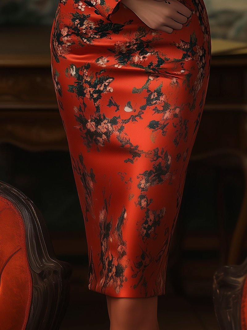 Elegant Red Floral Satin Blazer Dress with Black Trim Elegant Red Floral Satin Blazer Dress with Black Trim