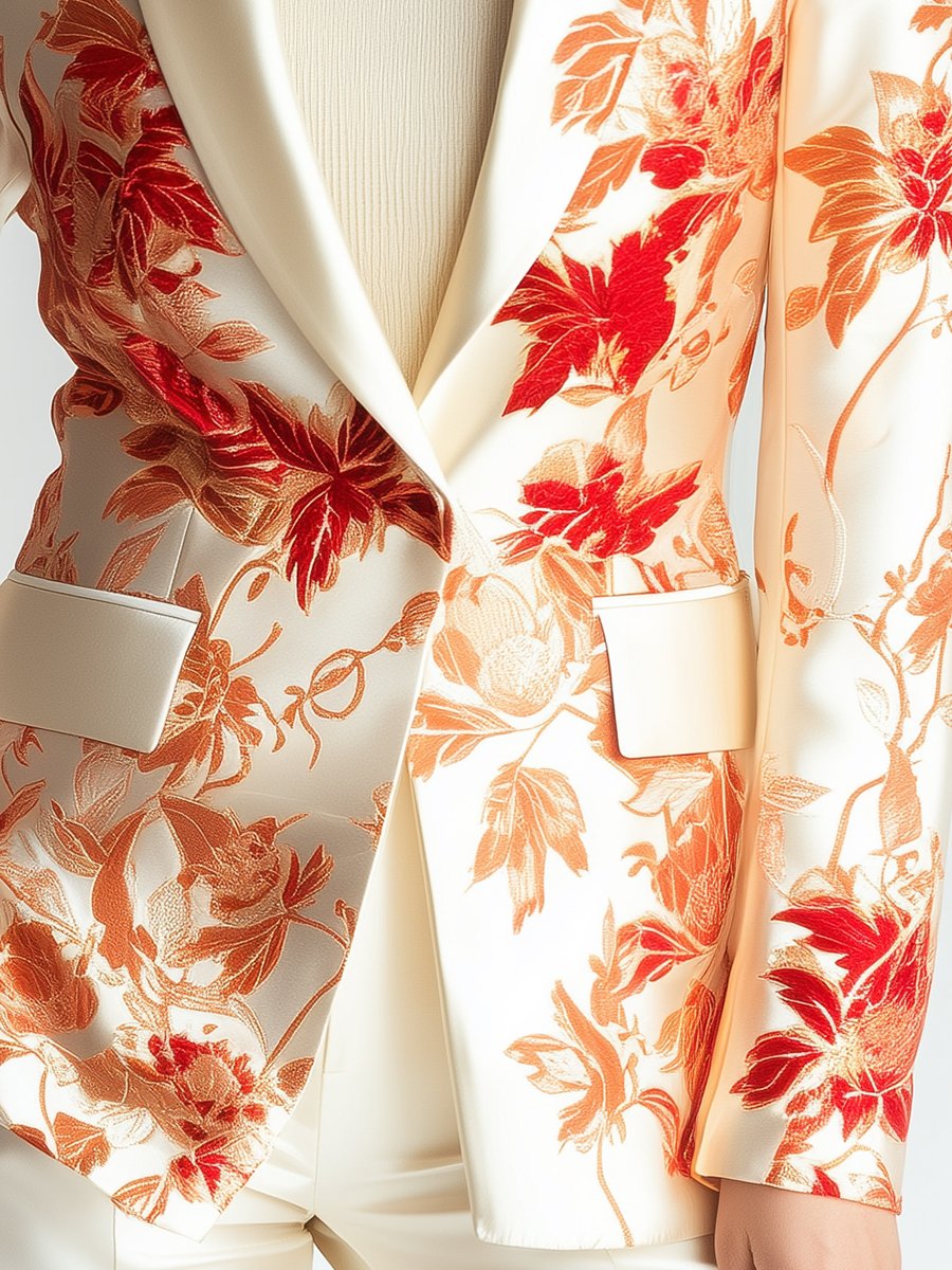 Elegant Ivory Satin Blazer with Bold Red and Gold Florals Elegant Ivory Satin Blazer with Bold Red and Gold Florals