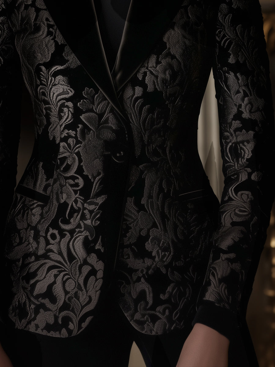 Black Baroque Jacquard Blazer with Velvet Lapels and Intricate Floral Pattern Black Baroque Jacquard Blazer with Velvet Lapels and Intricate Floral Pattern