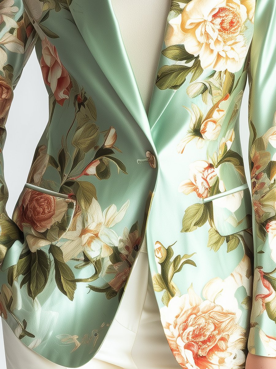 Mint Green Satin Blazer with Lush Floral Patterns Mint Green Satin Blazer with Lush Floral Patterns