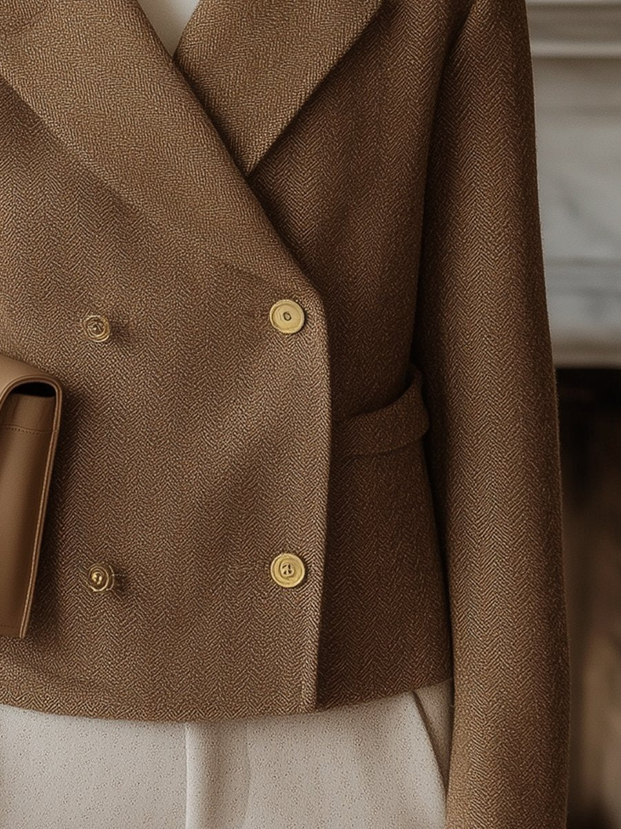 Shearling Collar Herringbone Blazer in Camel Brown Shearling Collar Herringbone Blazer in Camel Brown