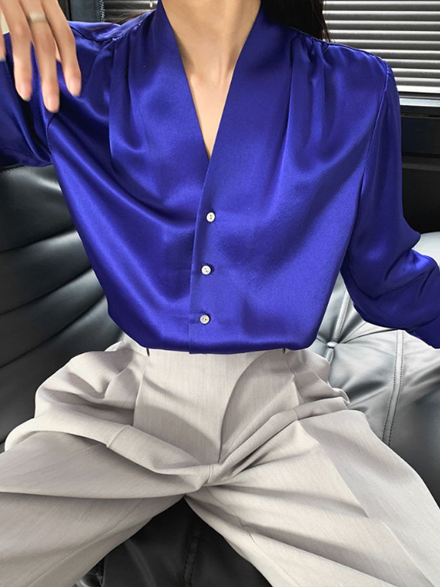Royal Blue Satin Blouse with Deep V-neck Royal Blue Satin Blouse with Deep V-neck