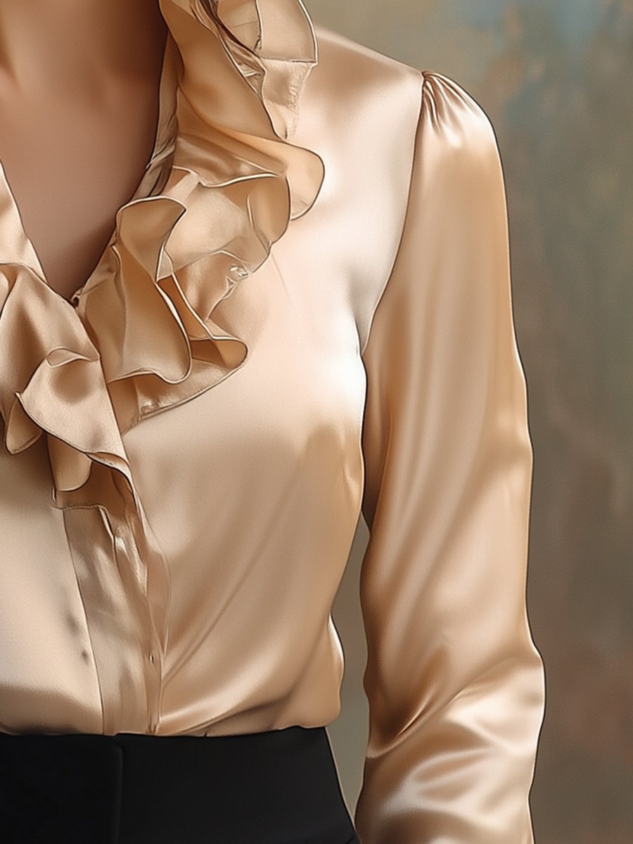 Elegant Satin Blouse with Romantic Ruffled Collar Elegant Satin Blouse with Romantic Ruffled Collar