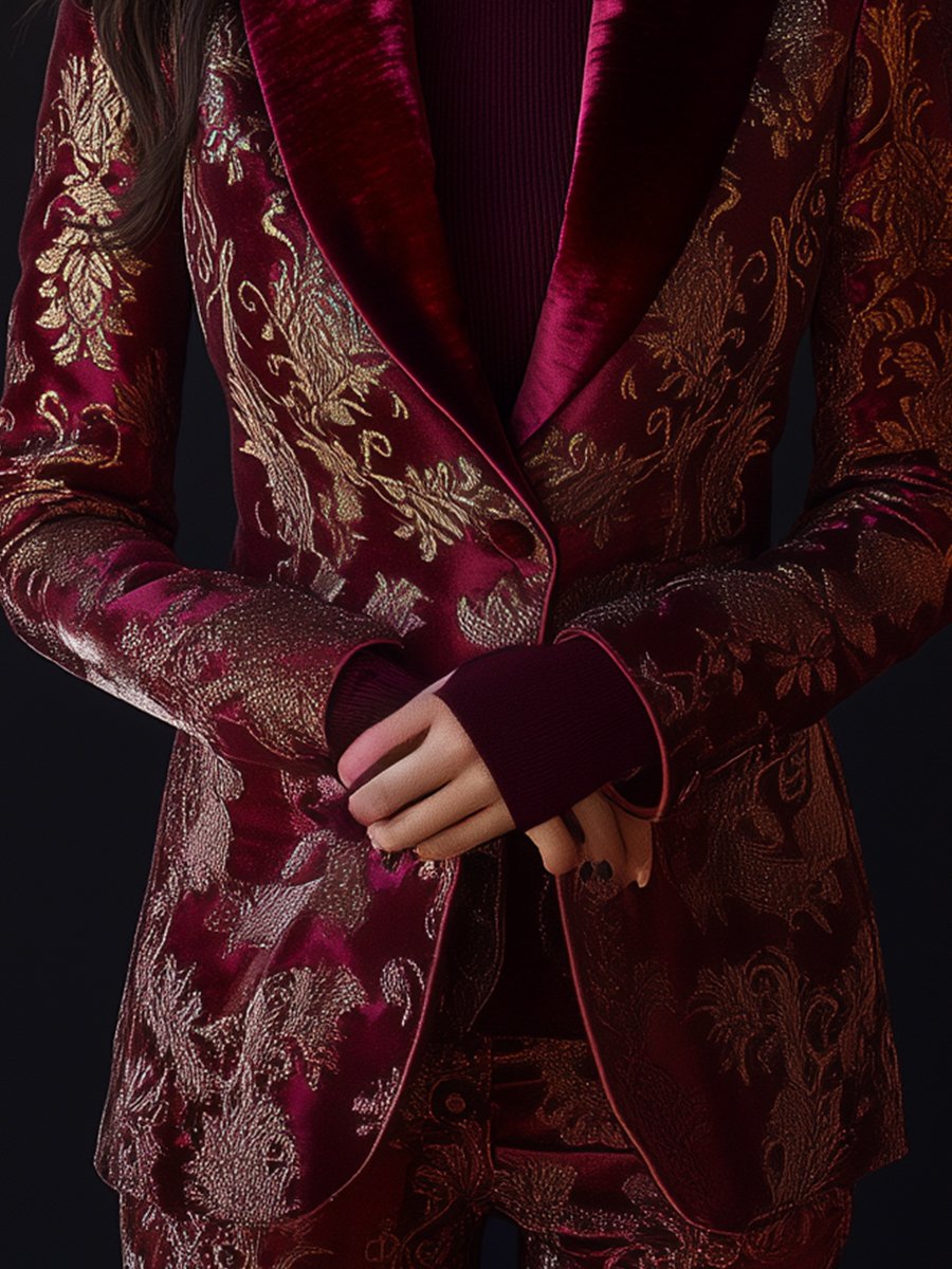 Burgundy Jacquard Blazer with Gold Floral Details and Velvet Lapels Burgundy Jacquard Blazer with Gold Floral Details and Velvet Lapels