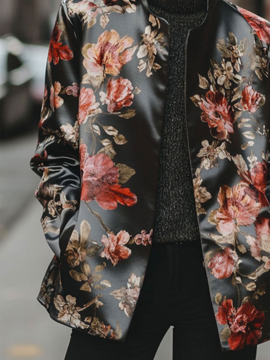 Night Garden Satin Jacket with Vintage Floral Print Night Garden Satin Jacket with Vintage Floral Print