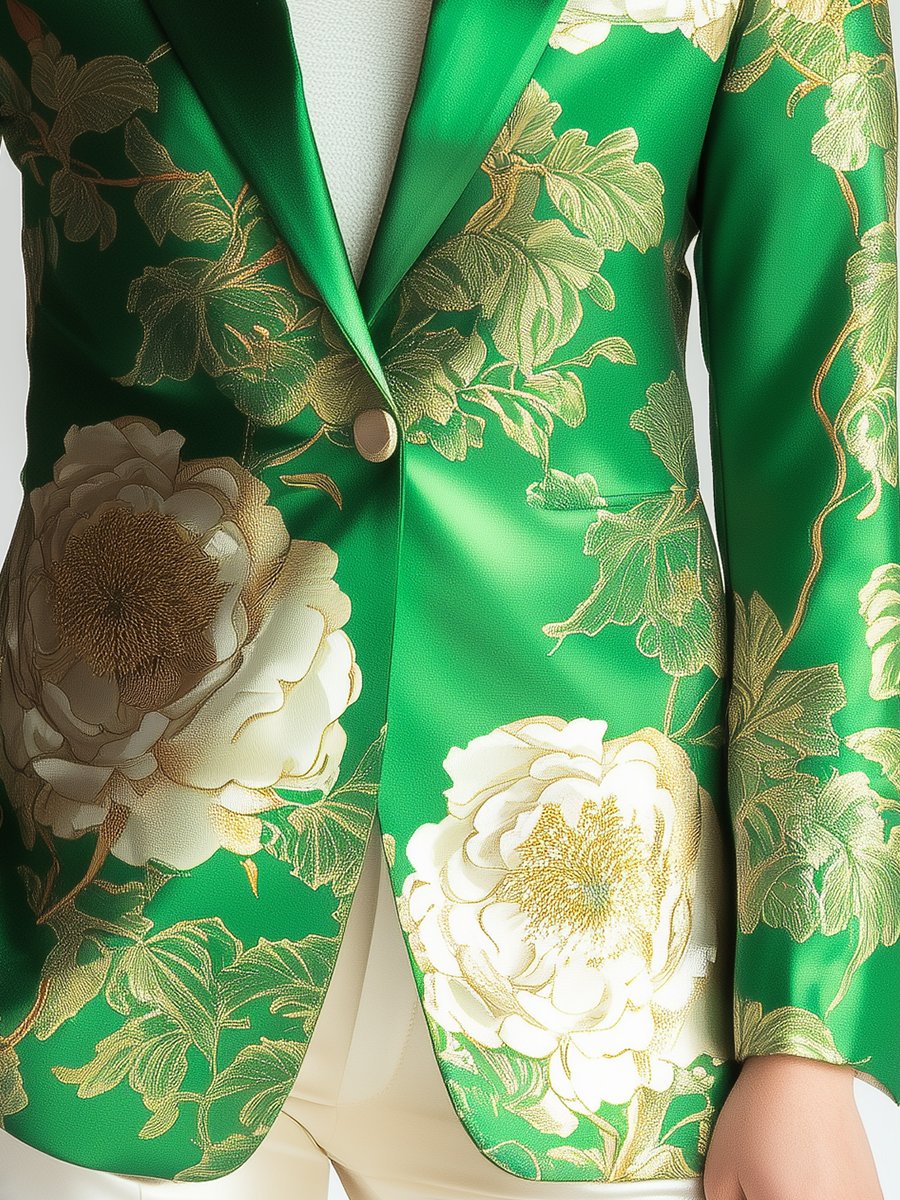 Vibrant Green Satin Blazer with Bold Peony Floral Print Vibrant Green Satin Blazer with Bold Peony Floral Print
