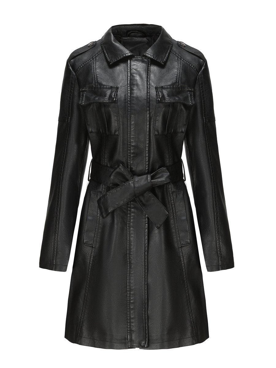 Classic Faux Leather Plain Long-sleeved Trench Coat with Belt Classic Faux Leather Plain Long-sleeved Trench Coat with Belt
