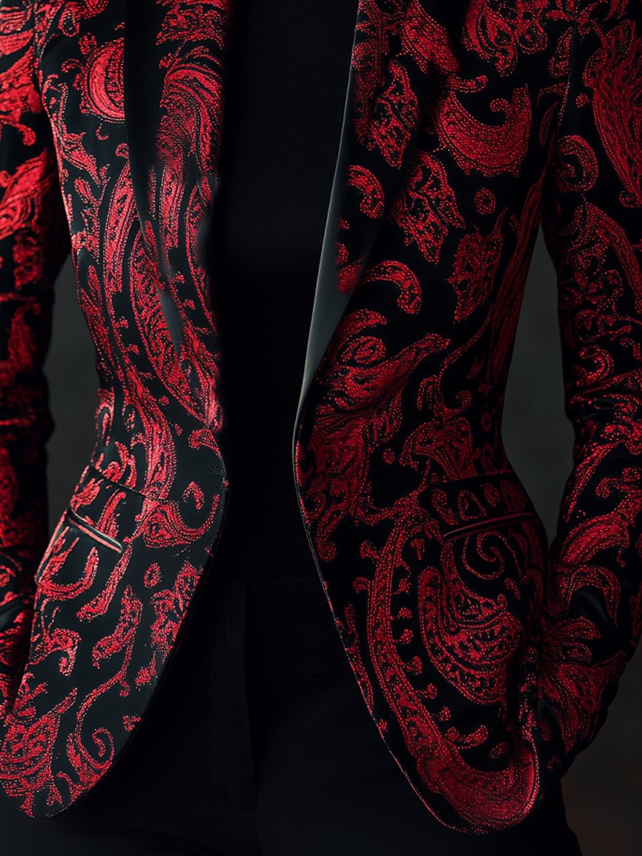Sophisticated Black and Red Paisley Satin Jacquard Blazer Sophisticated Black and Red Paisley Satin Jacquard Blazer