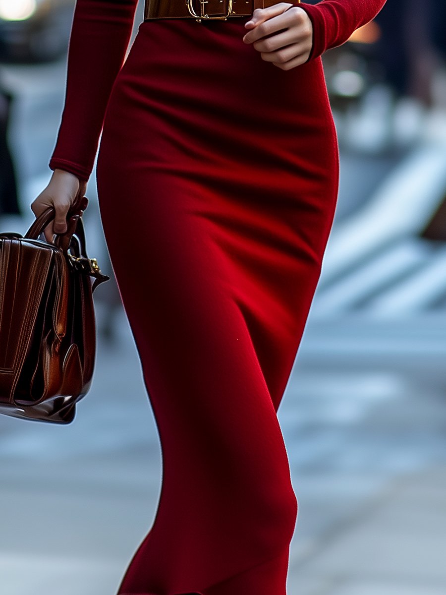 Elegant Red Turtleneck Knit Dress with Belted Waist Elegant Red Turtleneck Knit Dress with Belted Waist