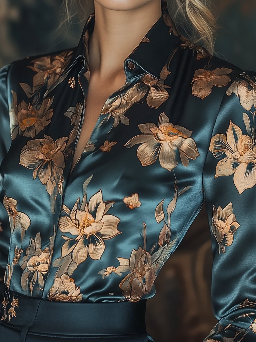 Golden Lotus Floral Satin Printed Blouse