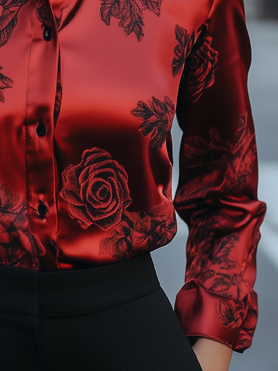 Elegant Red Satin Blouse with Floral Detailing Elegant Red Satin Blouse with Floral Detailing
