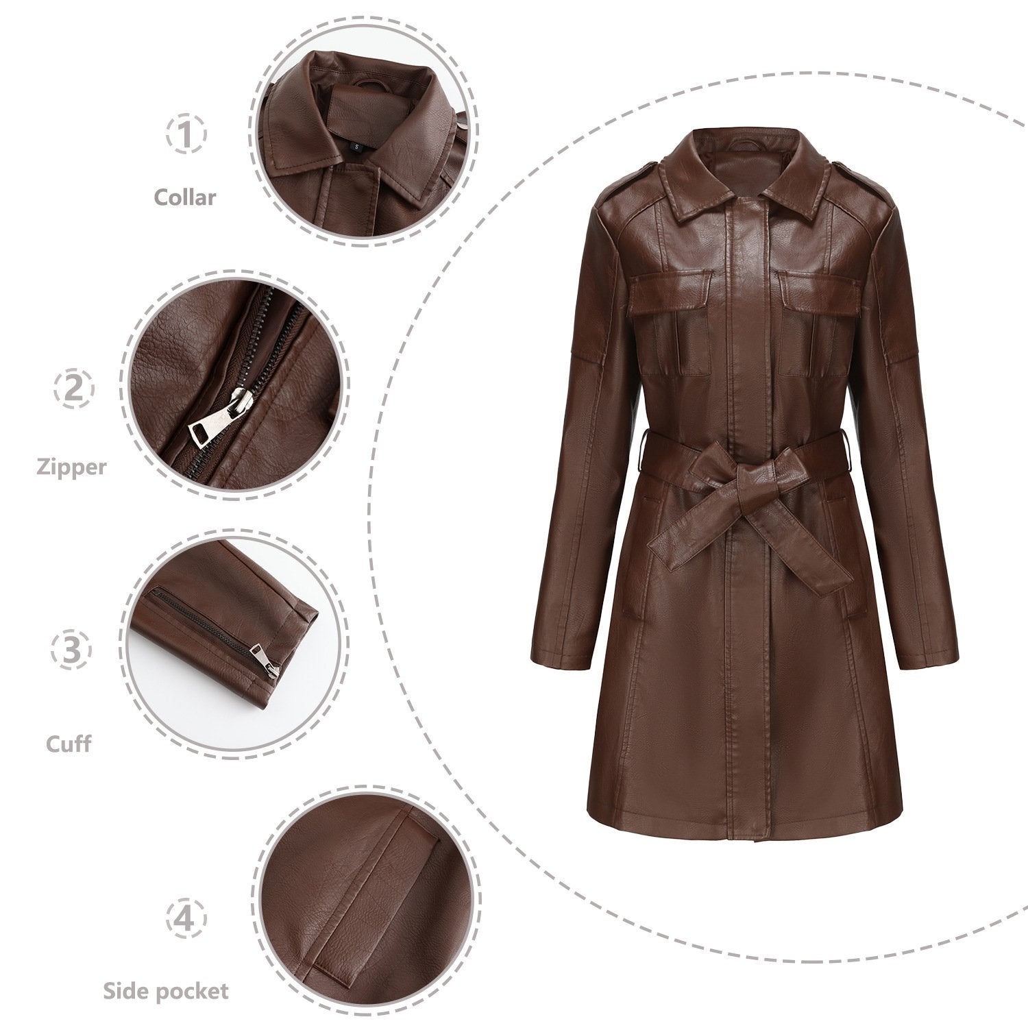 Classic Faux Leather Plain Long-sleeved Trench Coat with Belt Classic Faux Leather Plain Long-sleeved Trench Coat with Belt