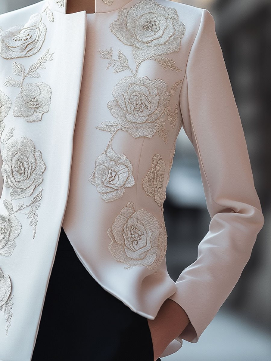 Ivory Floral Embroidered Jacket with Modern Elegance Ivory Floral Embroidered Jacket with Modern Elegance