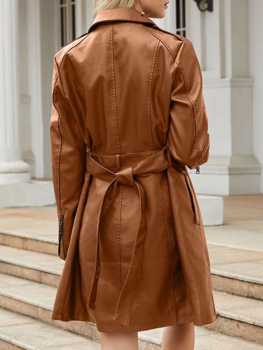 Classic Faux Leather Plain Long-sleeved Trench Coat with Belt Classic Faux Leather Plain Long-sleeved Trench Coat with Belt