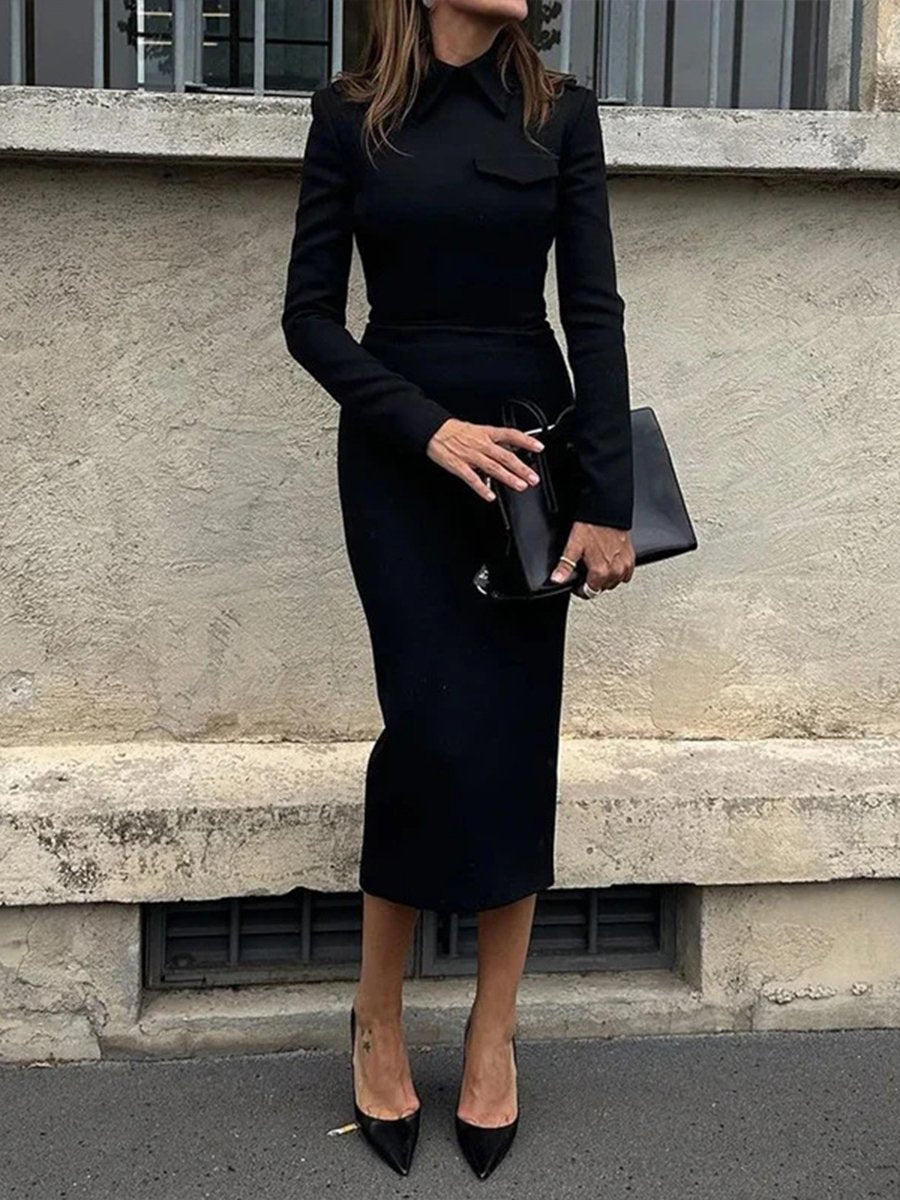 Solid Color Fashionable Lapel Slim Fit Hip-hugging Dress Solid Color Fashionable Lapel Slim Fit Hip-hugging Dress