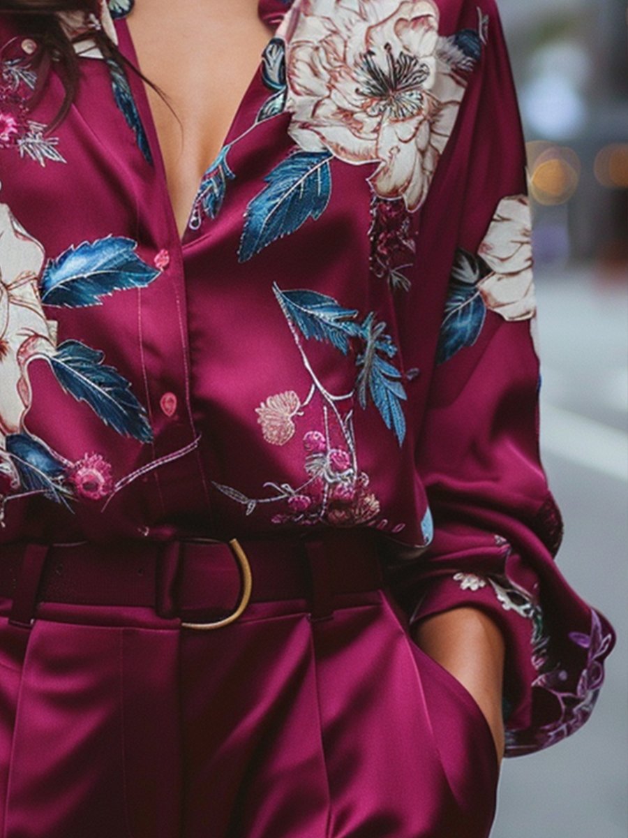 Vibrant Floral Print Burgundy Satin Blouse Vibrant Floral Print Burgundy Satin Blouse