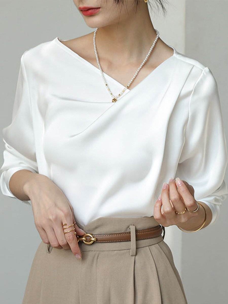 Elegant Draped Blouse with Asymmetrical Neckline Elegant Draped Blouse with Asymmetrical Neckline