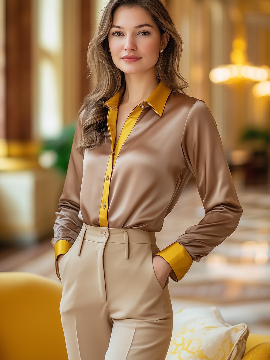 Warm Light Brown Satin Blouse with Golden Yellow Details Warm Light Brown Satin Blouse with Golden Yellow Details