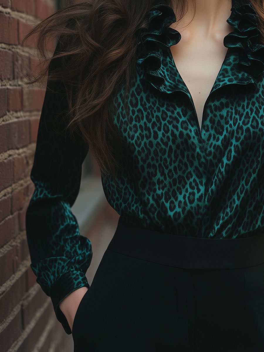 Leopard Print Satin Blouse with Ruffled Collar Leopard Print Satin Blouse with Ruffled Collar