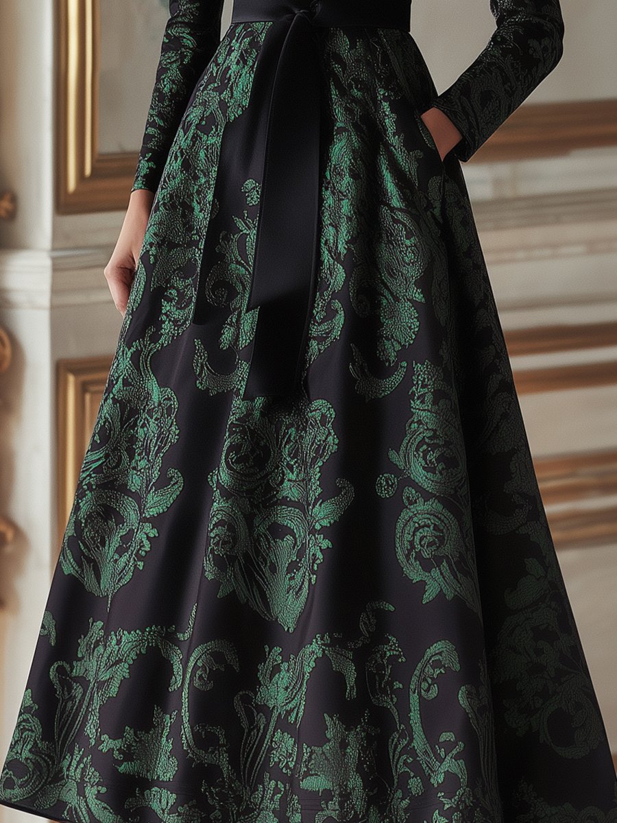 Green and Black Satin Jacquard Dress with Intricate Paisley Floral Motifs Green and Black Satin Jacquard Dress with Intricate Paisley Floral Motifs