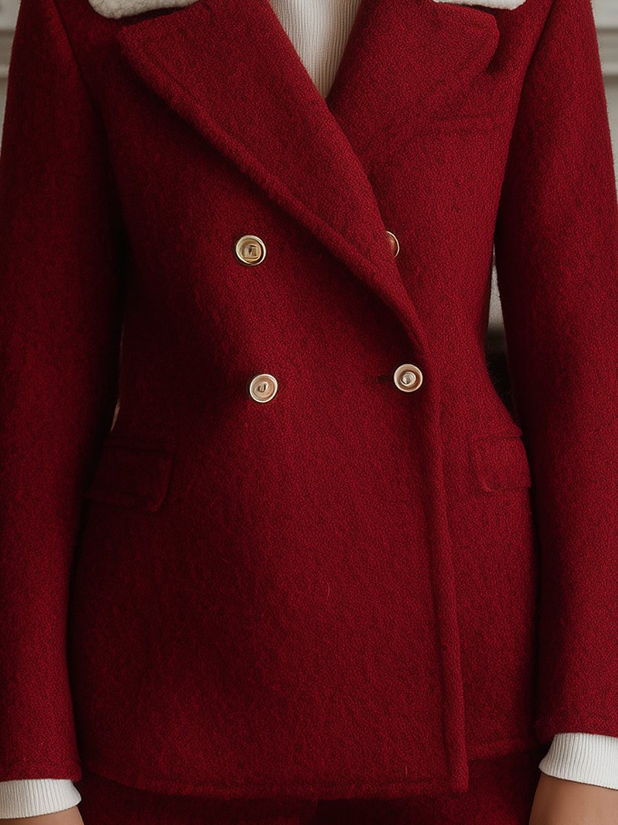 Elegant Red Wool Blazer with Shearling Collar and Gold Buttons Elegant Red Wool Blazer with Shearling Collar and Gold Buttons