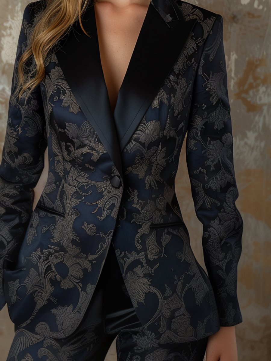 Navy Black Satin Jacquard Blazer Navy Black Satin Jacquard Blazer