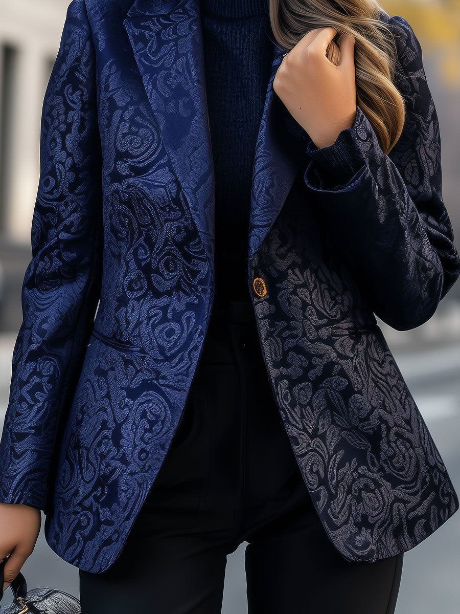 Luxurious Midnight Blue Brocade Blazer with Textured Details Luxurious Midnight Blue Brocade Blazer with Textured Details
