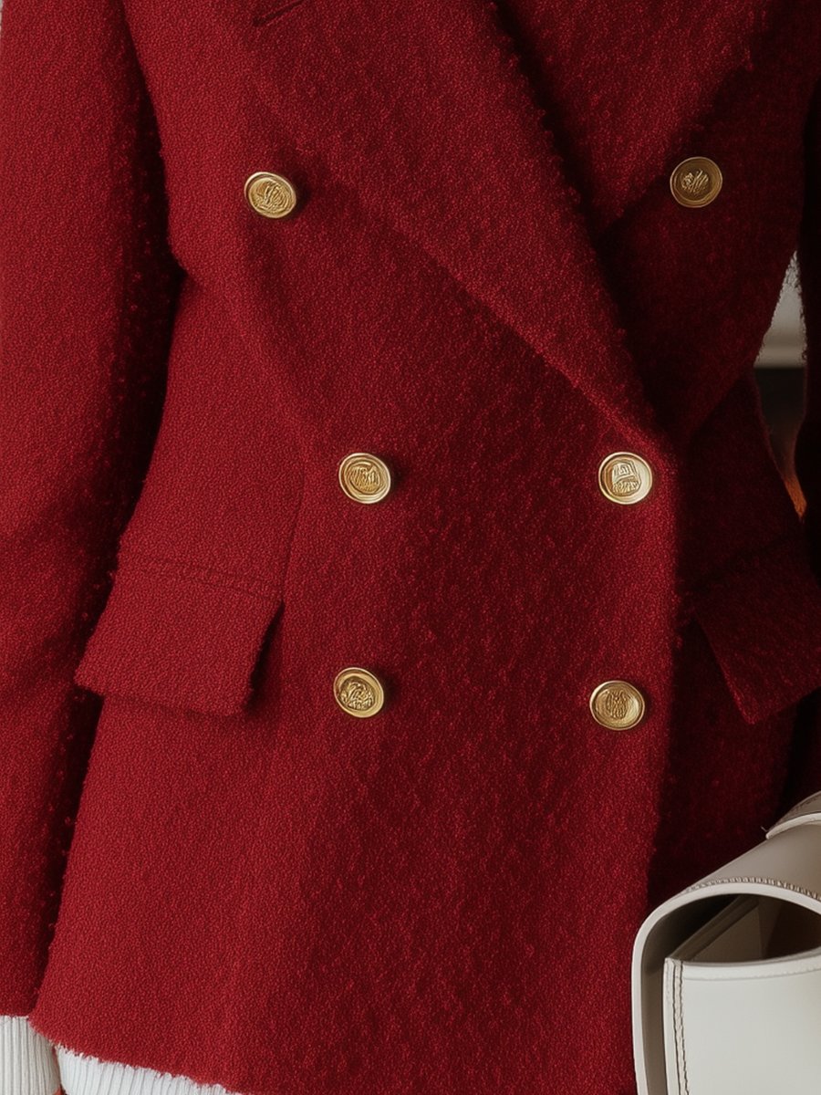 Elegant Red Woolen Blazer with Shearling Collar Elegant Red Woolen Blazer with Shearling Collar