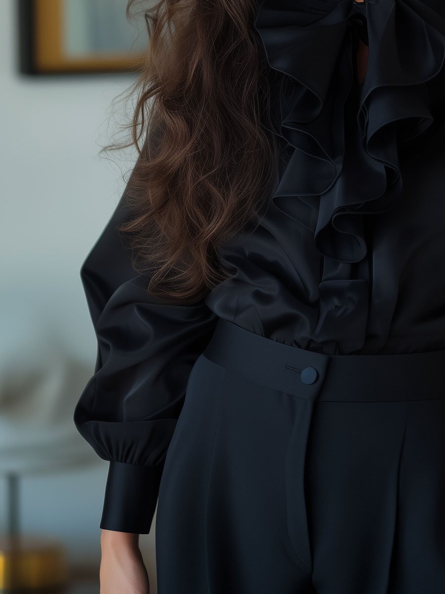 Chic Black Blouse Featuring Dramatic Ruffles Chic Black Blouse Featuring Dramatic Ruffles