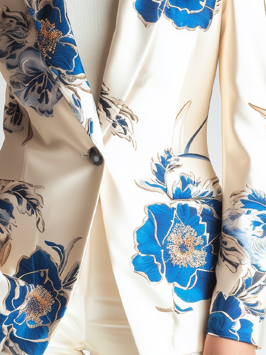 Classic Ivory Satin Blazer with Blue Floral Accents Classic Ivory Satin Blazer with Blue Floral Accents