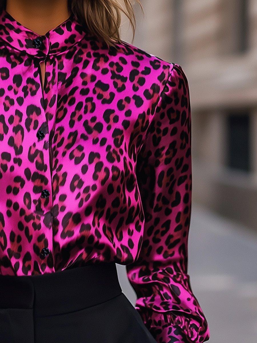 Bold Fuchsia Leopard Satin Blouse with Sophisticated High Collar Bold Fuchsia Leopard Satin Blouse with Sophisticated High Collar