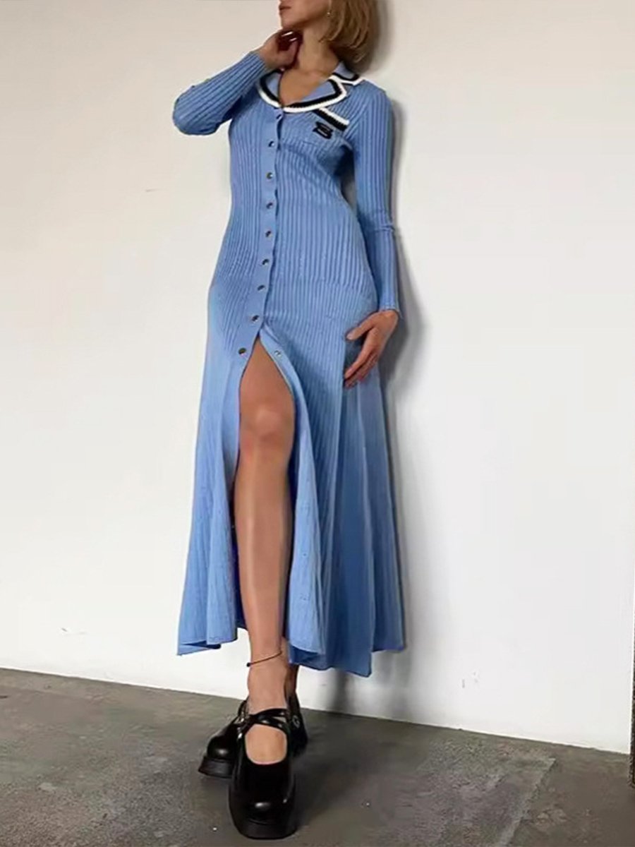 Embroidered Polo Neck Long Sleeve Knit Dress Embroidered Polo Neck Long Sleeve Knit Dress
