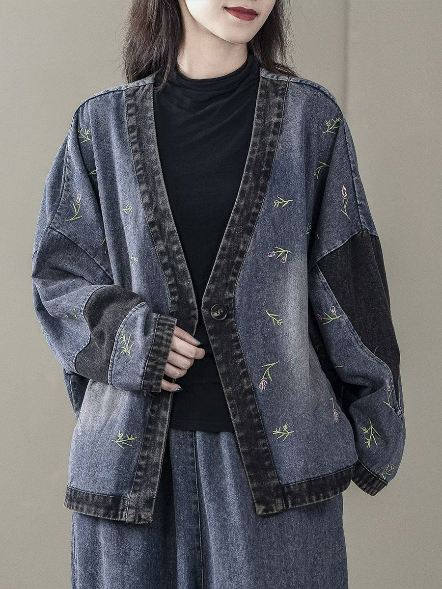 Floral Embroidered Denim Cardigan with Patchwork Details Floral Embroidered Denim Cardigan with Patchwork Details