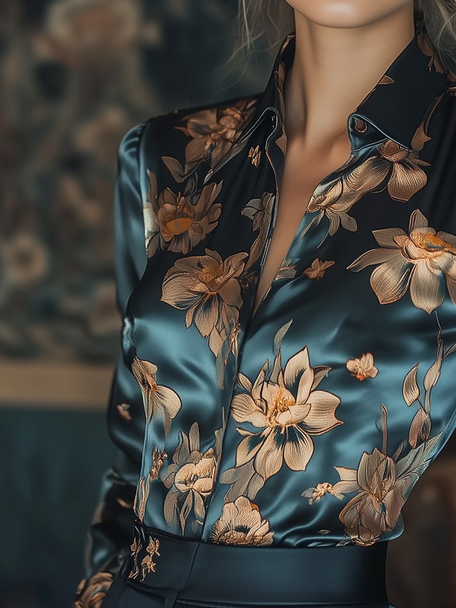 Golden Lotus Floral Satin Printed Blouse Golden Lotus Floral Satin Printed Blouse
