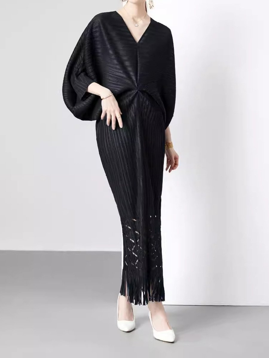 Loose Bat Sleeves V-neck Fishtail Fringed Dress Loose Bat Sleeves V-neck Fishtail Fringed Dress